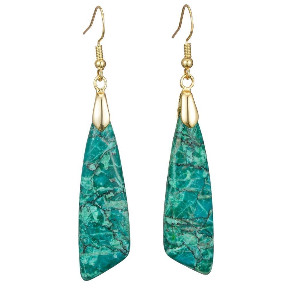 18K Yellow Gold with Natural Imperial Green Jasper Stone Dangling Hook Earrings